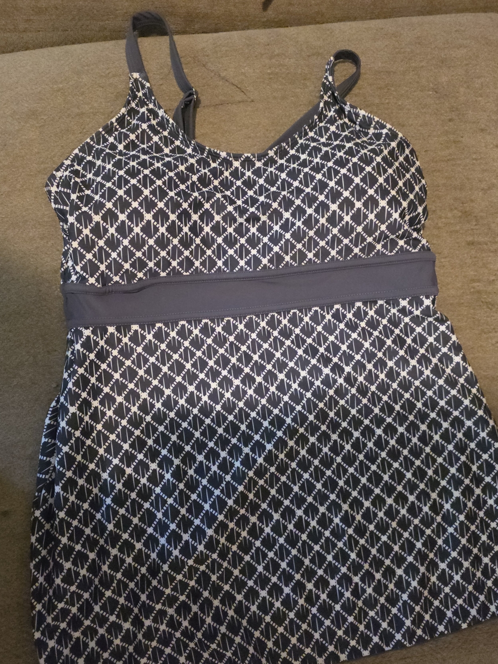Navy and White Geometric Tankini Swim Top Large